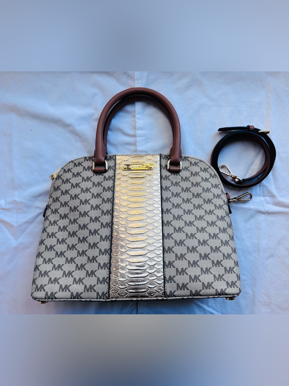 Michael Kors Gray MK Logo Satchel with Brown Handles & Gold Panel